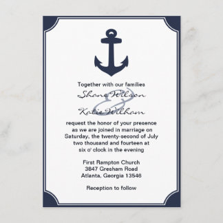 Nautical Navy Blue Anchor Wedding Invitation Kaart