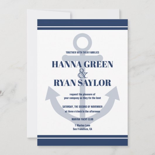 Nautical Navy Blue Anchor Wedding Invitation Kaart (Voorkant)