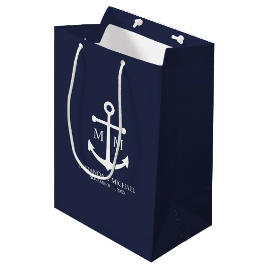 Nautical Navy Blue Anchor Wedding Medium Cadeauzakje (Voorkant Gekanteld)