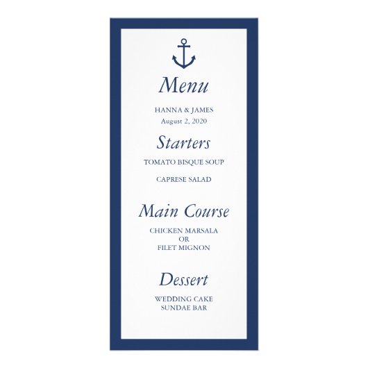 Nautical Navy Blue Anchor Wedding Menu (Voorkant)