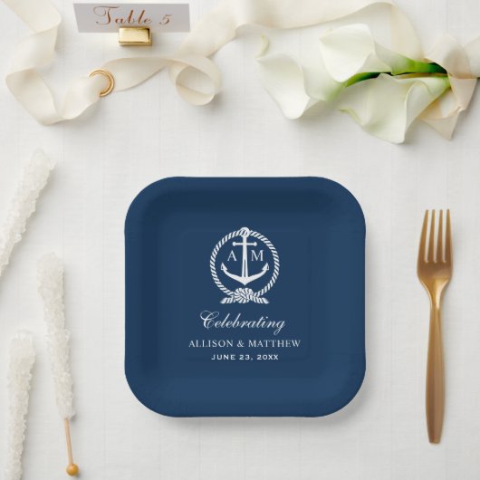 Nautical Navy Blue Anchor Wedding Monogram Papieren Bordje (Huwelijk)