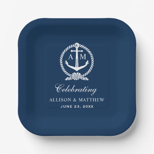 Nautical Navy Blue Anchor Wedding Monogram Papieren Bordje (Voorkant)