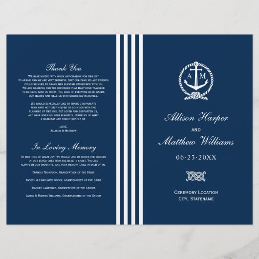 Nautical Navy Blue Anchor Wedding Monogram Program (Voorkant)