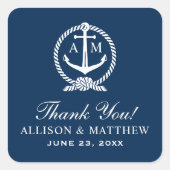 Nautical Navy Blue Anchor Wedding Monogram Vierkante Sticker (Voorkant)