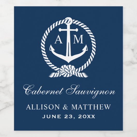 Nautical Navy Blue Anchor Wedding Monogram Wijn Etiket (Enkel label)