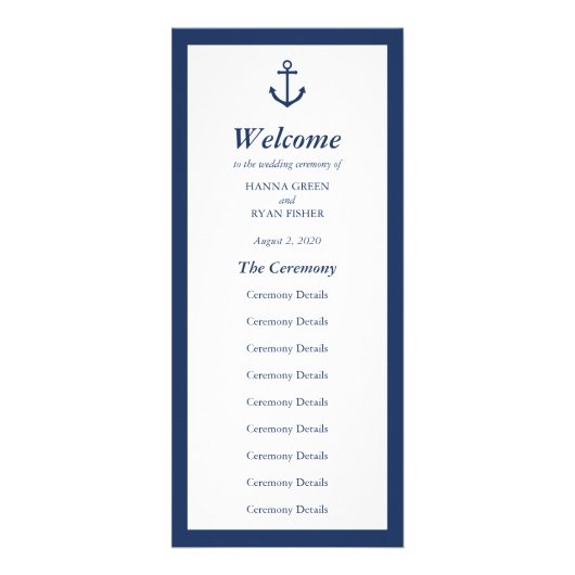 Nautical Navy Blue Anchor Wedding Programme Reclamekaart (Voorkant)