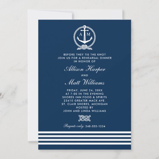 Nautical Navy Blue Anchor Wedding Rehearsal Dinner Kaart (Voorkant)