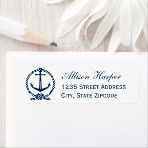 Nautical Navy Blue Anchor Wedding Return Address Etiket
