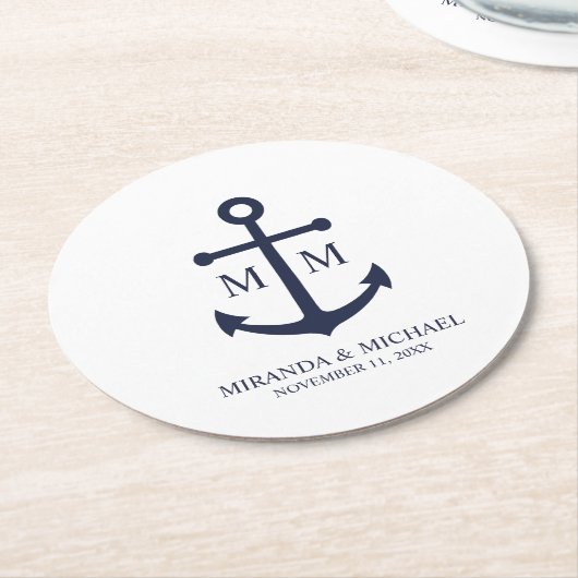 Nautical Navy Blue Anchor Wedding Ronde Kartonnen Onderzetter (Gebogen)