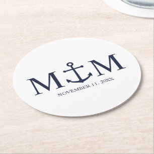 Nautical Navy Blue Anchor Wedding Ronde Kartonnen Onderzetter