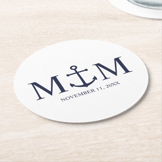 Nautical Navy Blue Anchor Wedding Ronde Kartonnen Onderzetter (Gebogen)
