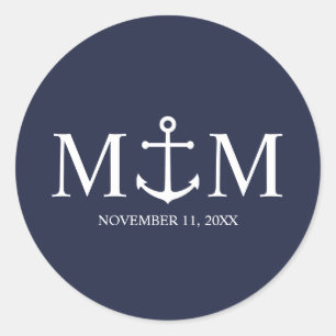 Nautical Navy Blue Anchor Wedding Ronde Sticker
