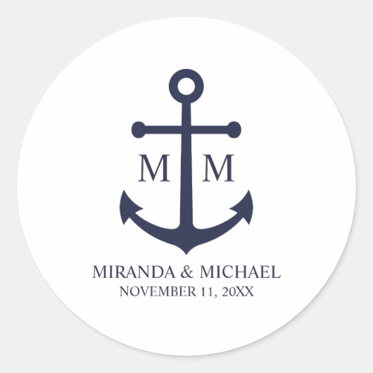 Nautical Navy Blue Anchor Wedding Ronde Sticker (Voorkant)