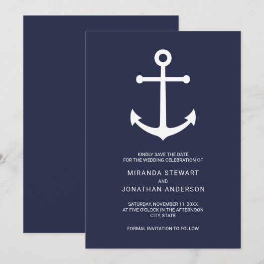 Nautical Navy Blue Anchor Wedding Save the Date (Voorkant / Achterkant)