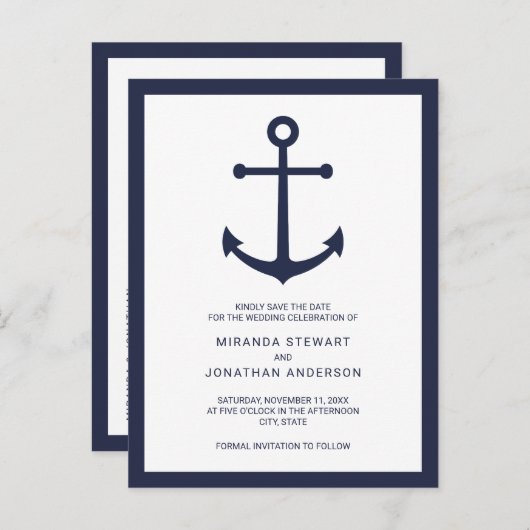 Nautical Navy Blue Anchor Wedding Save the Date Aankondigingskaart (Voorkant / Achterkant)