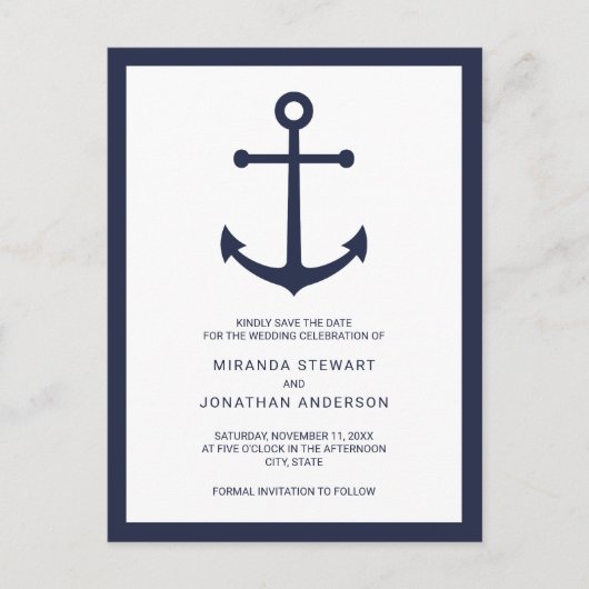 Nautical Navy Blue Anchor Wedding Save the Date Aankondigingskaart (Voorkant)