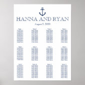 Nautical Navy Blue Anchor Wedding Seating Chart Poster (Voorkant)