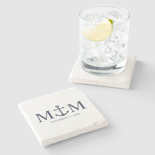 Nautical Navy Blue Anchor Wedding Stenen Onderzetter (Zijkant)