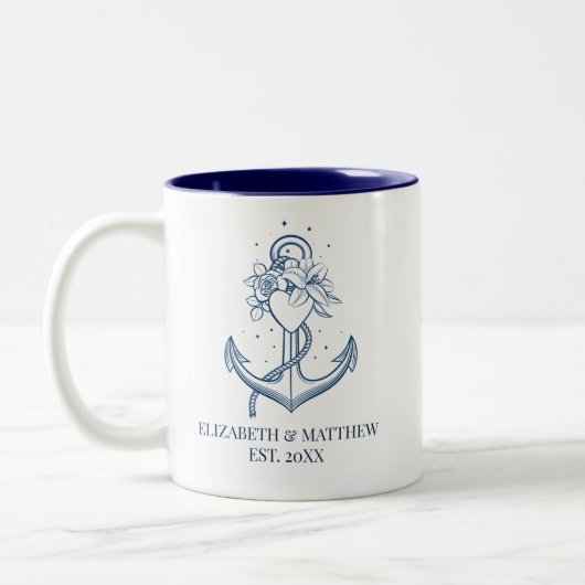 Nautical Navy Blue Anchor Wedding Tweekleurige Koffiemok (Links)