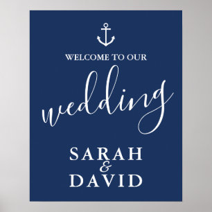 Nautical Navy Blue Anchor Wedding Welcome Sign Poster