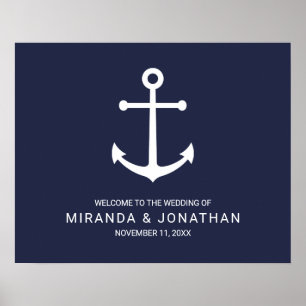 Nautical Navy Blue Anchor Wedding Welcome Sign Poster