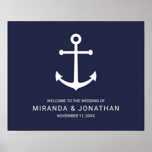 Nautical Navy Blue Anchor Wedding Welcome Sign Poster (Voorkant)