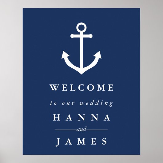Nautical Navy Blue Anchor Wedding Welcome Sign Poster (Voorkant)