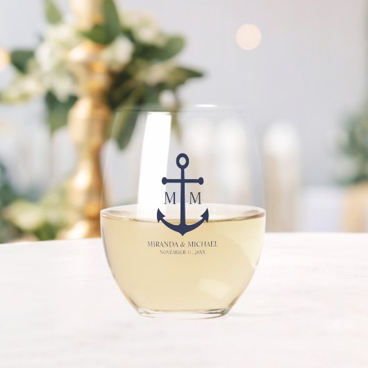 Nautical Navy Blue Anchor Wedding Wijnglas Zonder Voet (Insitu (Huwelijk))