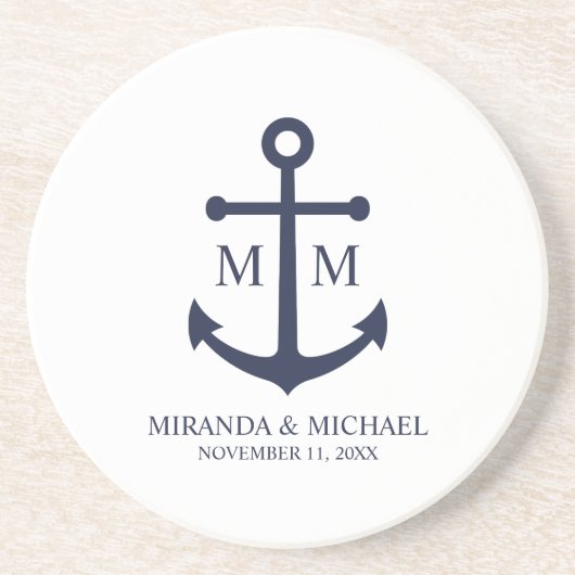 Nautical Navy Blue Anchor Wedding Zandsteen Onderzetter (Voorkant)
