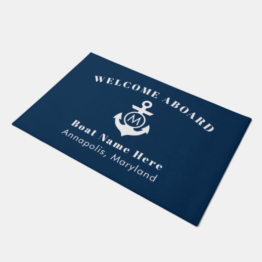 Nautical Navy Blue Anchor Welcome Aboard Name Deurmat (Schuin)