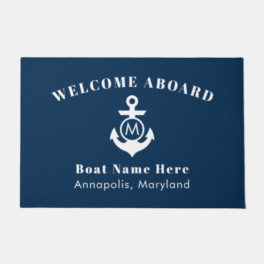 Nautical Navy Blue Anchor Welcome Aboard Name Deurmat (Voorkant)