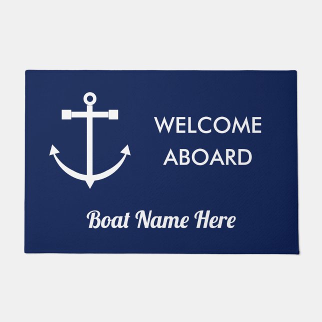 Nautical Navy Blue Anchor Welcome Aboard Name Deurmat (Voorkant)