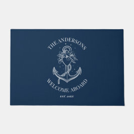 Nautical Navy Blue Anchor Welcome Aboard Name Deurmat