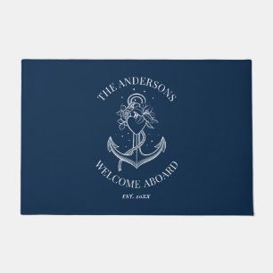 Nautical Navy Blue Anchor Welcome Aboard Name Deurmat