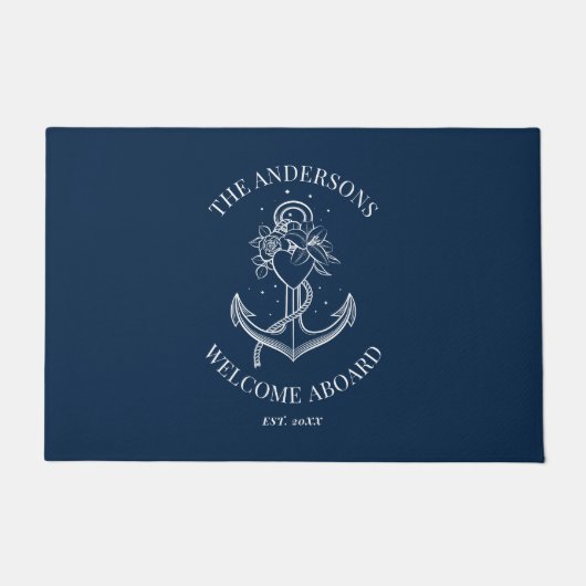 Nautical Navy Blue Anchor Welcome Aboard Name Deurmat (Voorkant)