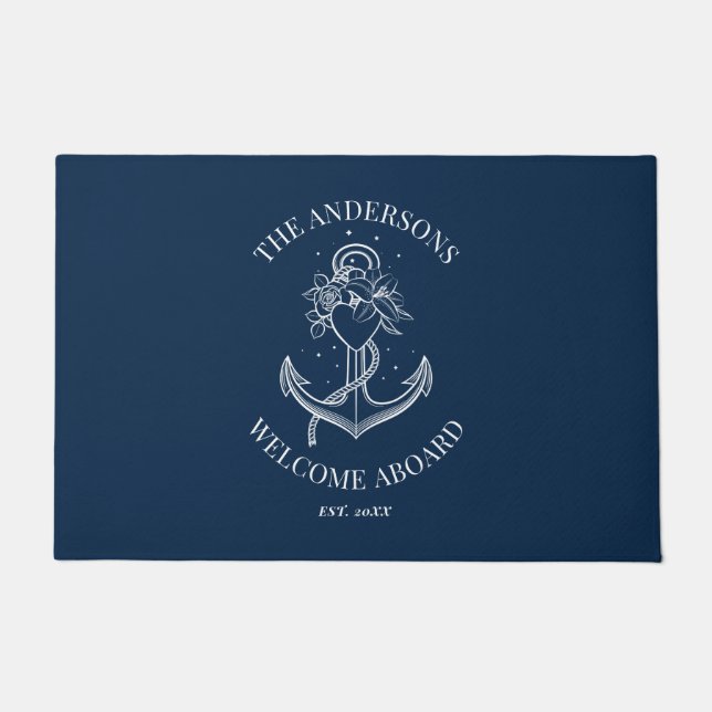 Nautical Navy Blue Anchor Welcome Aboard Name Deurmat (Voorkant)