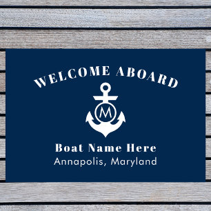 Nautical Navy Blue Anchor Welcome Aboard Name Deurmat