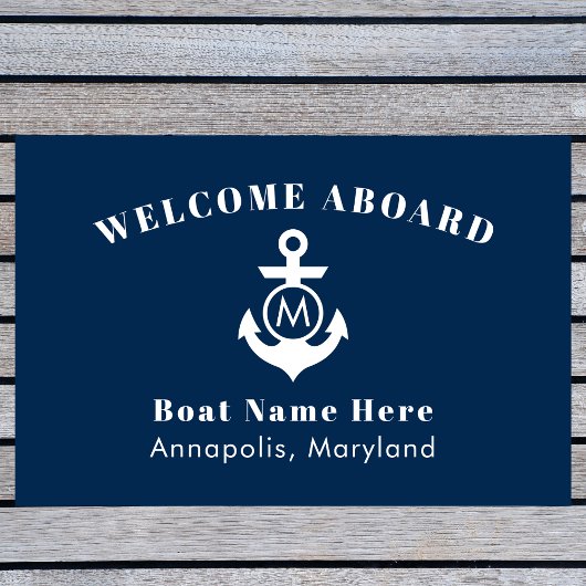 Nautical Navy Blue Anchor Welcome Aboard Name Deurmat