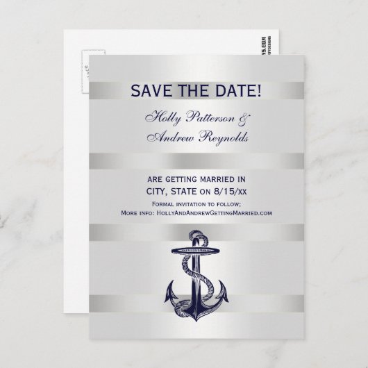 Nautical Navy Blue Anchor White BG V Save the Date Aankondigingskaart (Voorkant / Achterkant)