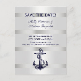 Nautical Navy Blue Anchor White BG V Save the Date Aankondigingskaart