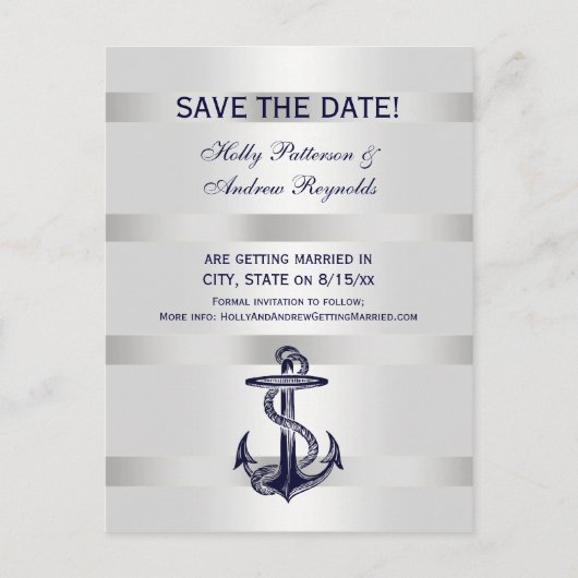 Nautical Navy Blue Anchor White BG V Save the Date Aankondigingskaart (Voorkant)