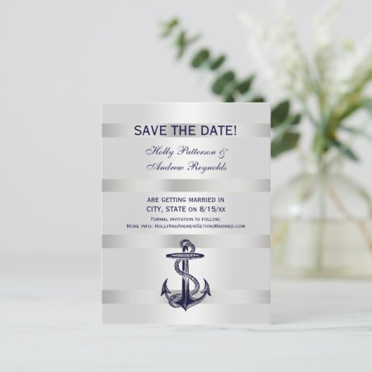 Nautical Navy Blue Anchor White BG V Save the Date Aankondigingskaart (Staand voorkant)