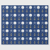 Nautical Navy Blue Anchors Coastal Starfish Cadeaupapier (Vlak)