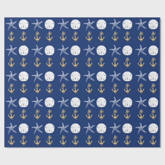 Nautical Navy Blue Anchors Coastal Starfish Cadeaupapier (Vlak)