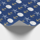 Nautical Navy Blue Anchors Coastal Starfish Cadeaupapier (Hoek)
