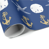 Nautical Navy Blue Anchors Coastal Starfish Cadeaupapier (Rol Hoek)