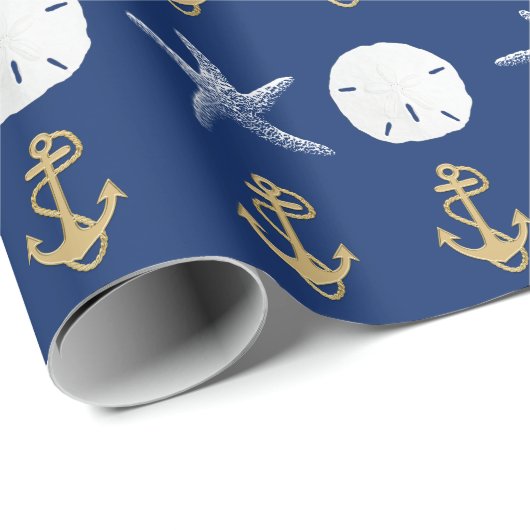 Nautical Navy Blue Anchors Coastal Starfish Cadeaupapier (Rol Hoek)