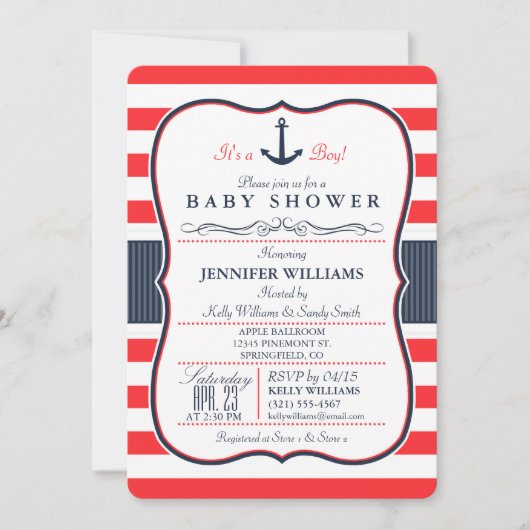 Nautical Navy Blue and Red Baby shower Invitation Kaart (Voorkant)