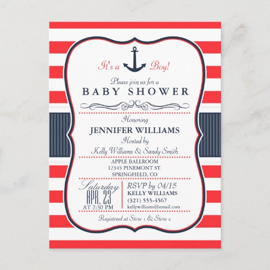 Nautical Navy Blue and Red Baby shower Invitation Uitnodiging Briefkaart (Voorkant)