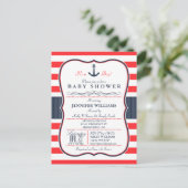 Nautical Navy Blue and Red Baby shower Invitation Uitnodiging Briefkaart (Staand voorkant)